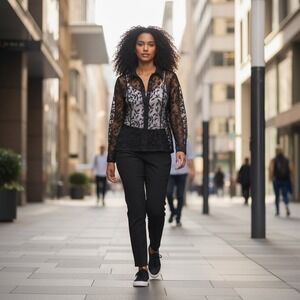 Knot Knots Black Leaf Lace Sheer Button Up Shirt Top Womens Medium